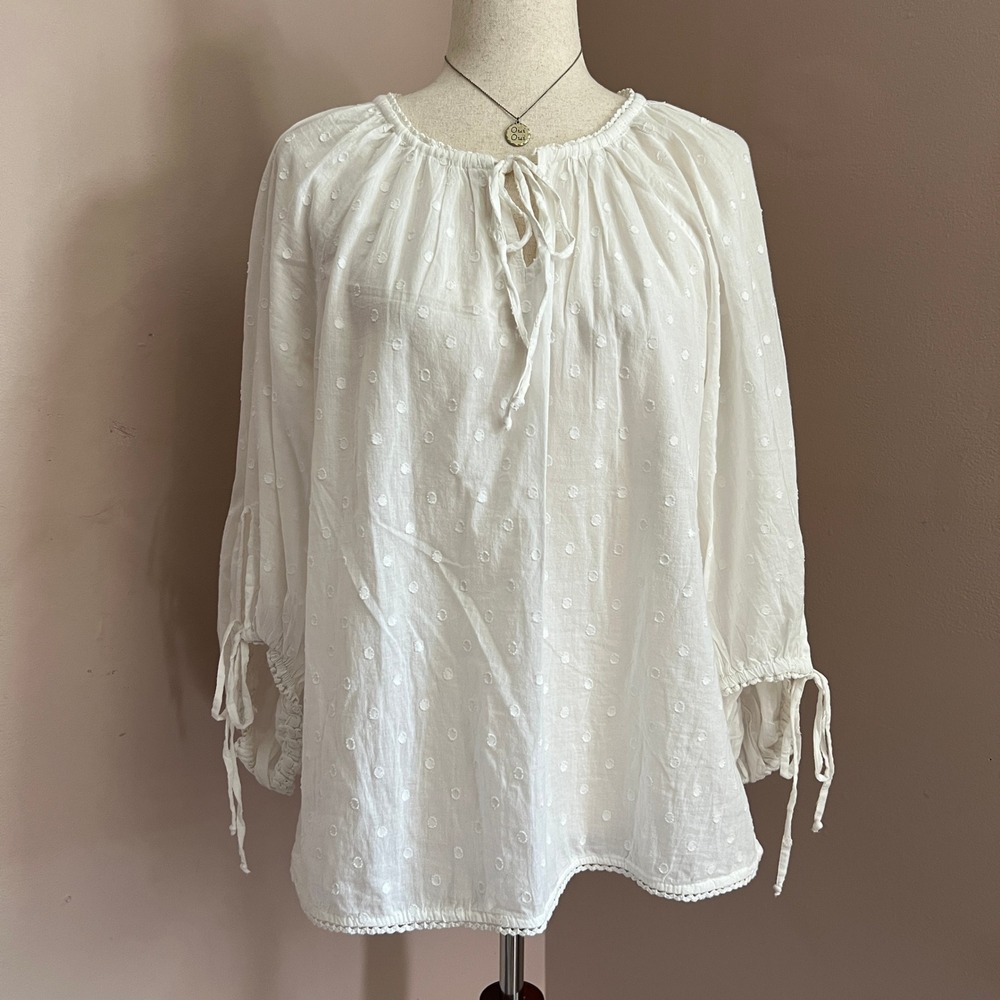 Sundance Swiss Dot Blouse Sz Small White Peasant Tie Coastal Gauze‎ Boho Beachy